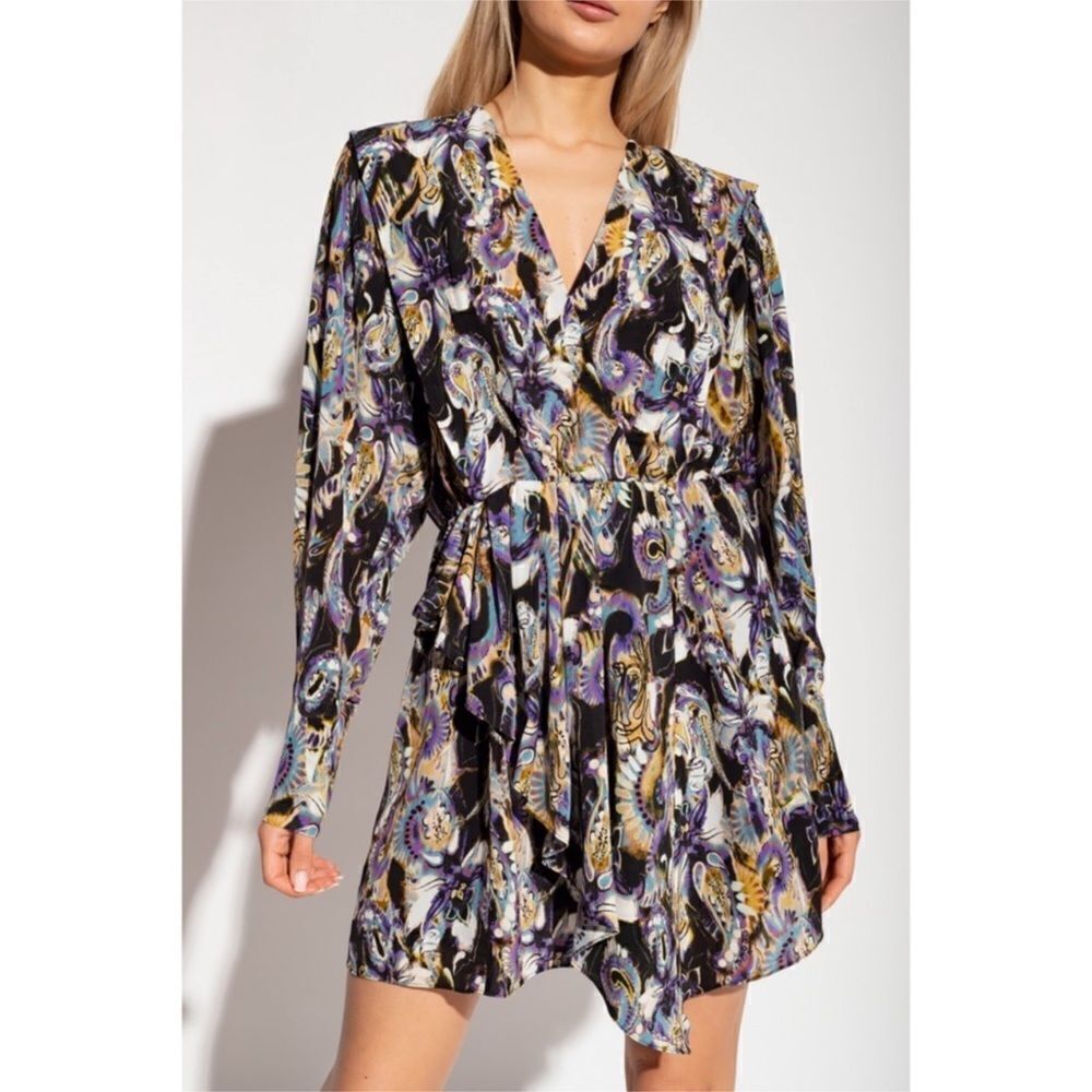 NWT IRO Black Purple Damie Silk Blend Faux Wrap Mini Dress Size 40